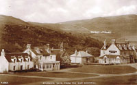 Early 1950's - Kyleakin from the War Memorial.
Note the path to the reservoir from Kyle Farm, Seaview Cottage (first left) was replaced by the Marine Hotel dining room during the late 1950's.  Heathmount Hotel (now Saucy Mary's) - also the bungalow between the Hotel and the Church  was the Triton Hotel and is now the extension to Saucy Mary's.  The Marine Hotel became the SYHA in 1984 and in 2011 was converted into 12 flats by Lochalsh and Skye Housing Association
