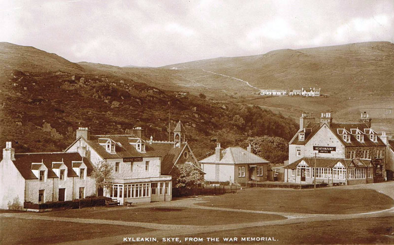 Early 1950's - Kyleakin from the War Memorial.
Note the path to the reservoir from Kyle Farm, Seaview Cottage (first left) was replaced by the Marine Hotel dining room during the late 1950's.  Heathmount Hotel (now Saucy Mary's) - also the bungalow between the Hotel and the Church  was the Triton Hotel and is now the extension to Saucy Mary's.  The Marine Hotel became the SYHA in 1984 and in 2011 was converted into 12 flats by Lochalsh and Skye Housing Association