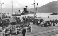 1960 - MacBraynes - Loch Nevis at Kyle Railway Pier - mailboat to Portree and Raasay from Mallaig via Kyle. Note also Tommy Pollock's lorry & GPO van