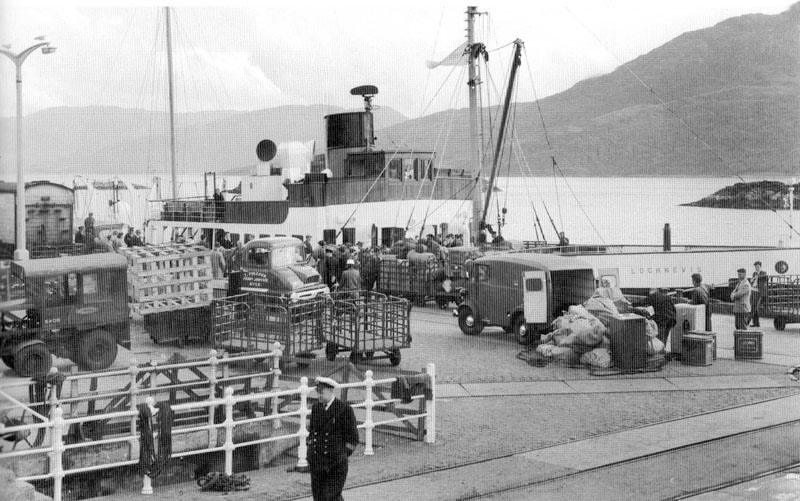 1960 - MacBraynes - Loch Nevis at Kyle Railway Pier - mailboat to Portree and Raasay from Mallaig via Kyle. Note also Tommy Pollock's lorry & GPO van