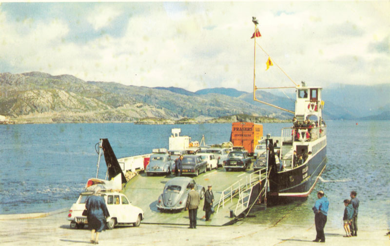 Early 1970's - The Kyleakin and Lochalsh ferries arrived in 1971, they were the first roll-on-roll-off ferries on this service.  Bill Paterson, the local barber is standing on ramp