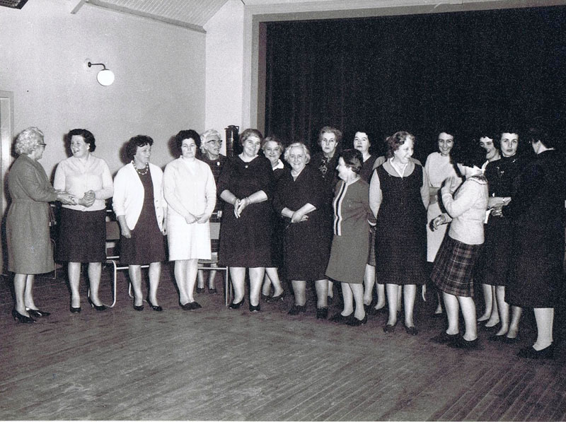 Mid 1960's - SWRI in the refurbished Kyleakin Village Hall - left to right:  Nan Smith, Morag Macrae, Mena Maclean, Agnes Soper, Jen Stark, Annie Grant, Bella MacColl, Teenie Reid, Annie MacInnes, Peggy MacPherson, Cathie Reid, Kay Reid, Mary Ellen MacIntosh, Morag MacKenzie, Anna Belle Robertson, Jessie MacDonald and Mabel Maclean (Note Annabelle Nicolson is hidden behind Kay Reid)