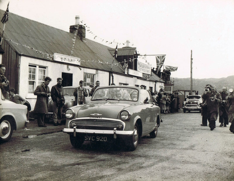 1956 - Royal Visit to Kyleakin:
Prince Philip driving past the White Heather Hotel