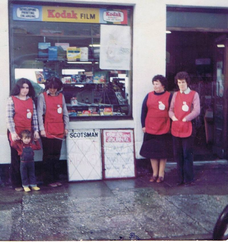 11th September 1979 - Camerons Shop From left:   Margaret MacKay, Margaret Robertson, Anne MacKay, Cathie Grant and George Clouston (on Mary Ellen's & Bentley Cameron's Wedding Day)