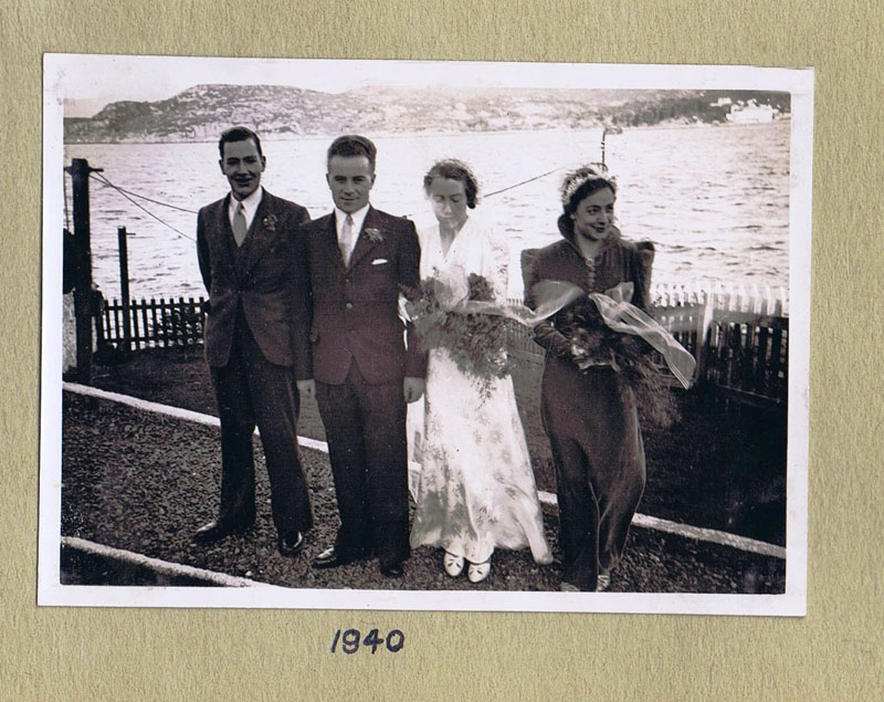 3rd January 1940 - at the Cliffe, Kyleakin:
Left to right:  Angus MacPherson, Richard (Dick) Hutchison - Groom, Alexandrina MacPherson (known to locals as Ina and as Nana to her relatives) - Bride and Annie Jagger