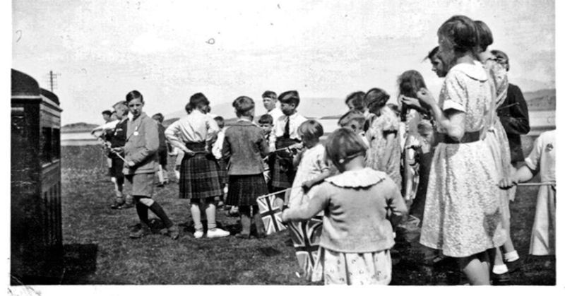1937 - Coronation of King George VI - Ian Robertson - fair haired boy, centre between Dougald Munro (the boy with the kilt and jacket) and other boy with the tie.  Neilac Robertson is the young boy in front of Ian.  Profile of Marion Robertson on the left hand side of the tall girl.  Ella Munro (Dougald's sister) is to his right.