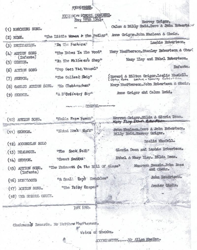 Kyleakin School Concert programme May 18th 1945.