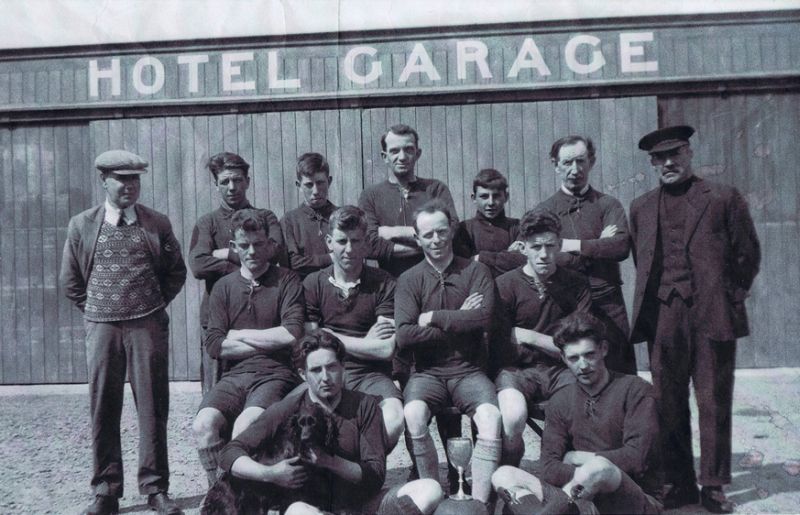 Kyleakin Football Team - circa 1933
Pictured outside the Kings Arms Hotel
Back Row: Mr Skinner (King's Arms Owner), Hector MacDonald, Donald Reid, Donald Grant, Ruaraidh MacRae, ?, Alec Reid
Middle Row: Neil Grant, Alec Reid, Albright, James Reid
Front Row: Donald Angus Nicolson and Alec Nicolson (the Nicolsons were painters).
(information on names supplied by the late Nan Reid).